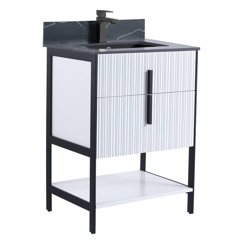 Fine Fixtures Serenity Modern Bathroom Vanity with Black Sintered Stone Top - White Matte - Black Hardware - 24 inch