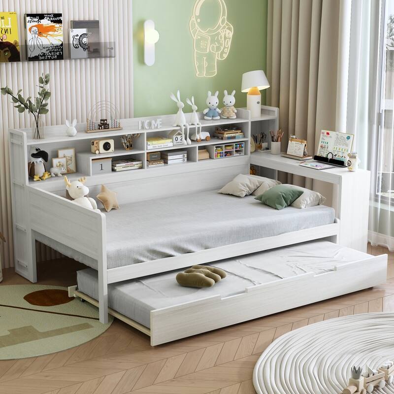 Wooden Daybed with Storage Shelves, Multi-functional Bed with Twin Size Trundle Bed and Study Desk