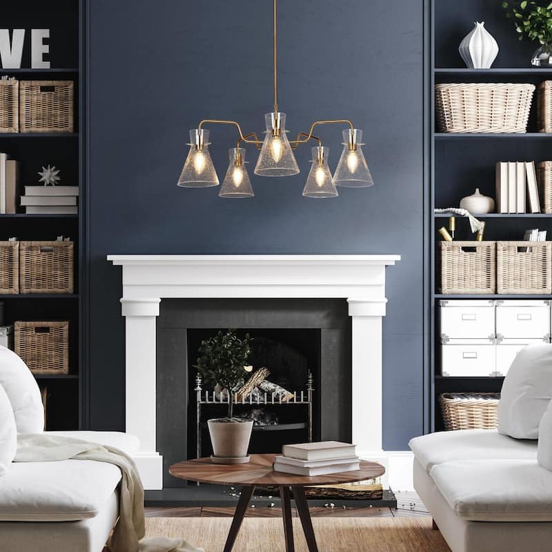 Liniya Modern Glam 5-Light Electroplated Brass Chandelier Seeded Glass Wheel Dining Room Pendant Light
