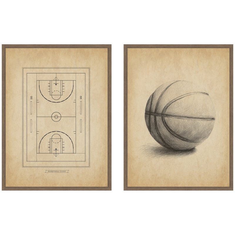 Kate and Laurel Walnut Antique Basketball 2 Piece Framed Canvas Wall Art Set by The Creative Bunch Studio - 2 Piece Set 18x24 - Walnut