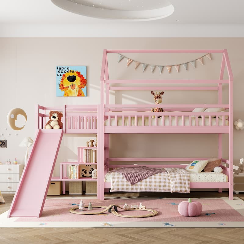 Full/Twin House-Shaped Bunk Bed with Slide & Storage Stairs, Playhouse Bed with Two Placement Methods - Pink - Twin