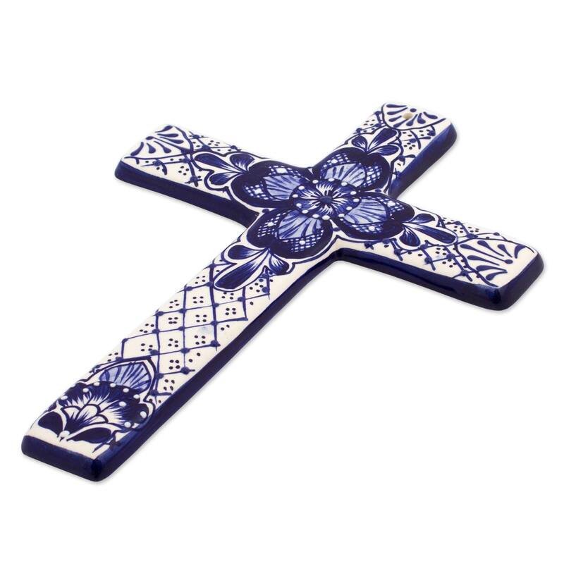 NOVICA Talavera Flower, Ceramic wall cross