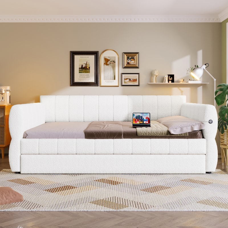 Modern Fabric Upholstered Daybed Queen Size Sofa Bed Frame with Backrest and Armrests, USB Charging Ports, No Box Spring Needed