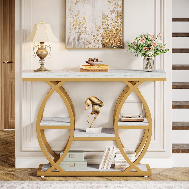 Industrial Console Table, 4-Tier Sofa Table with Geometric Metal Frame
