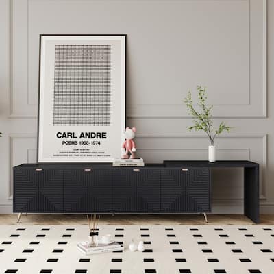 70"-90" Extendable TV Stand with Storage, Modern Adjustable Entertainment Center in Black - Real Wood Veneer