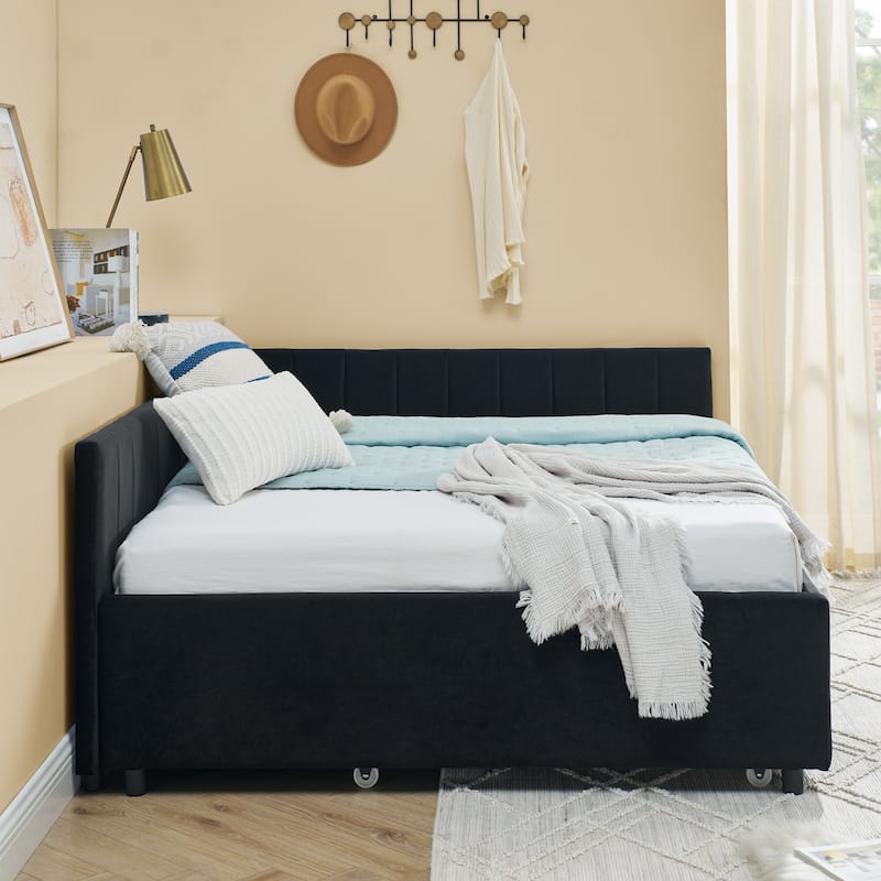 Luxury Full-Size Tufted Daybed with Trundle‌ – Upholstered Velvet Sofa Bed with Supportive Backrest & Armrests (Elegant Black).