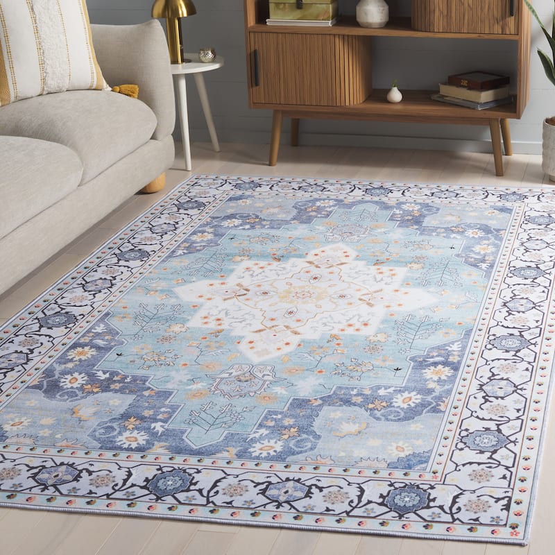 SAFAVIEH, Tucson Machine Washable Slip Resistant Queenie Oriental Medallion - 6' Square - Aqua/Light Blue