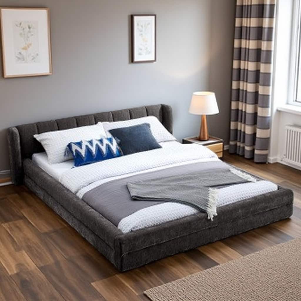 Queen Size Grounded Upholstered Platform Bed with Soft Chenille Fabric, Headboard & Solid Frame