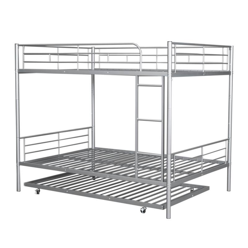Full Over Full Metal Bunk Bed with Trundle, Silver Finish, Sturdy Iron Frame