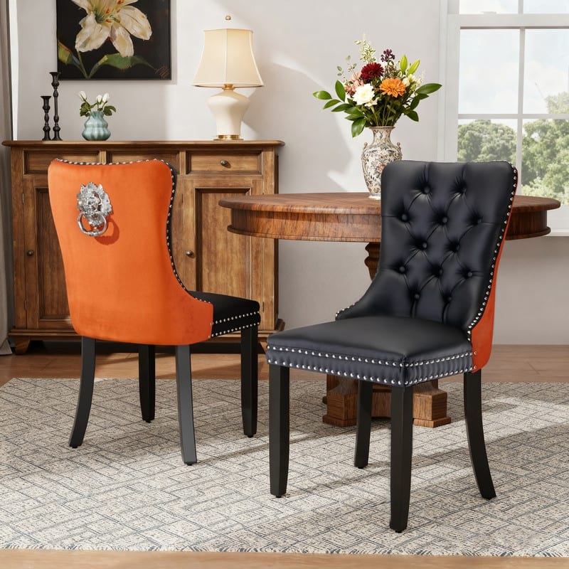 High-end Tufted Velvet Upholstered Nailhead Dining Chair Set of 6 - Set of 2 - Black Orange