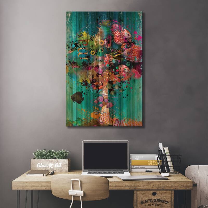 Surfing Palm Print On Wood by David Loblaw - Multi-Color