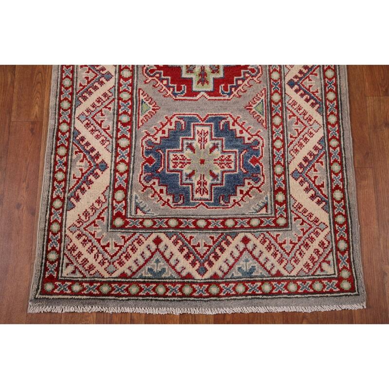 All-Over Gray Kazak Oriental Runner Rug Hand-Knotted Wool Carpet - 2'8" x 20'0"