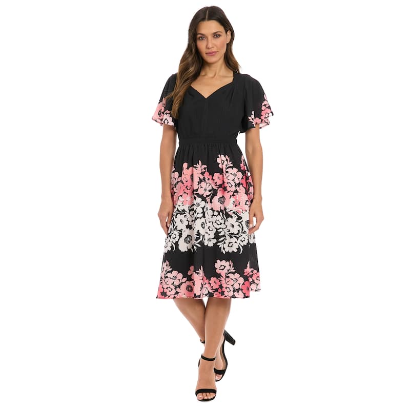 London Times Women's Flutter Sleeve V-Neck Smocked Waist Midi Dress