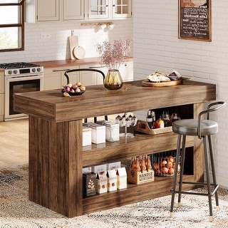 LITTLE TREE 55" Farmhouse Kitchen Island With Storage - 3-Tier Stationary Table, Rustic Brown