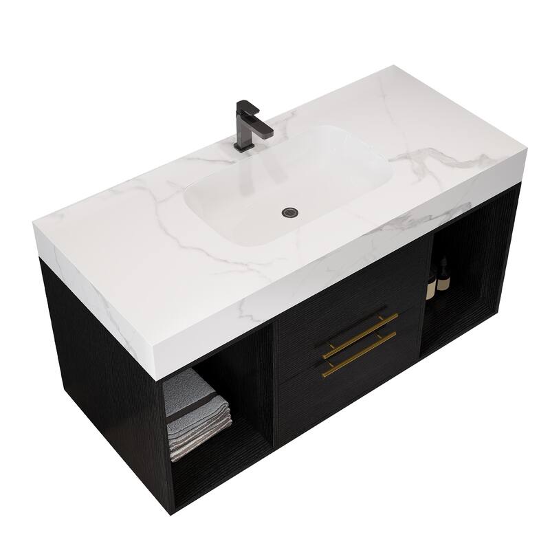 Floating Bathroom Vanity with Ceramic Sink, Rectangle Bathroom Storage Cabinet with Sintered Stone Countertop