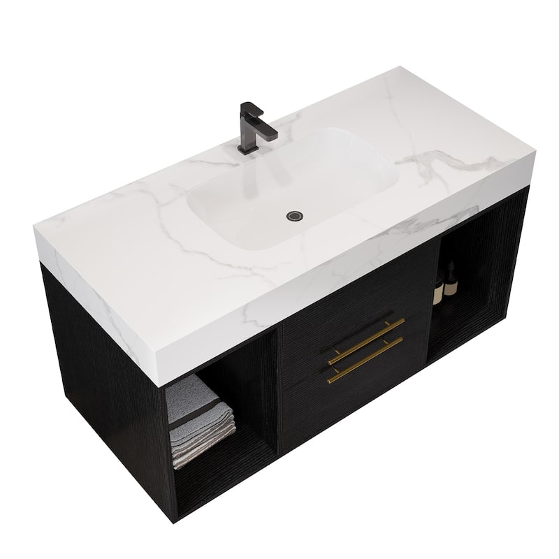 GDFStudio - Modern 39.4" Wall Mounted Floating Sintered Stone Bathroom Vanity with Seamless Ceramic Sink & Soft-Close Drawers