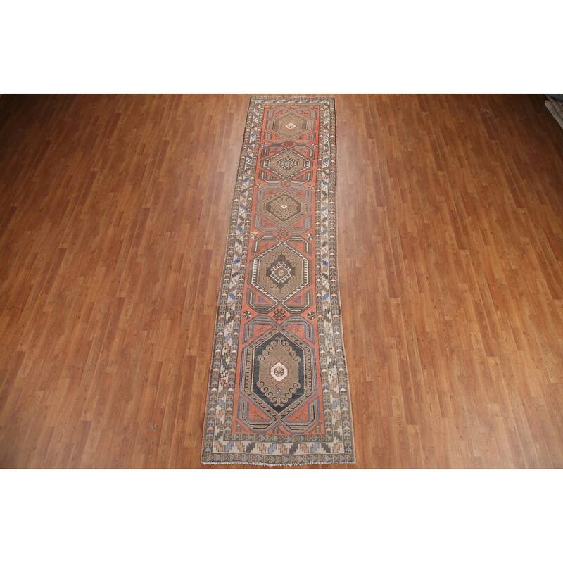 Hand Knotted Oriental 100% Wool Carpet Traditional Tribal Coral Hamedan Runner Rug - 13' 2'' X 3' 5''