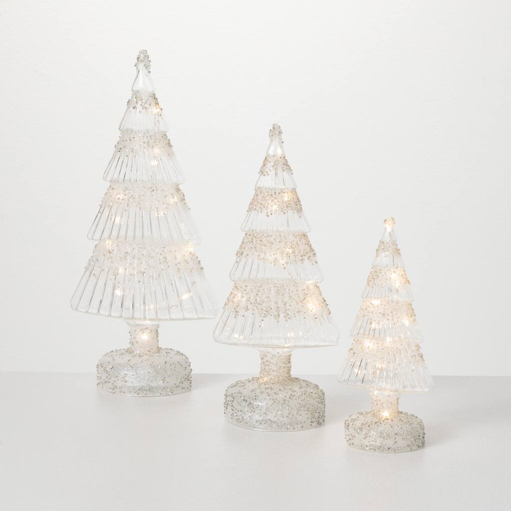 Sullivans Frosted Led Glass Tree White 13"H Glass Set of 3 - 6"Lx3.5"Wx13"H; 5"Lx3.5"Wx11"H; 3.5"Lx2.5"Wx8"H