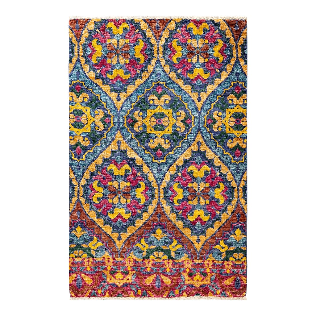 Overton Hand Knotted Wool Vintage Inspired Modern Contemporary Modern Blue Area Rug - 4 x 6