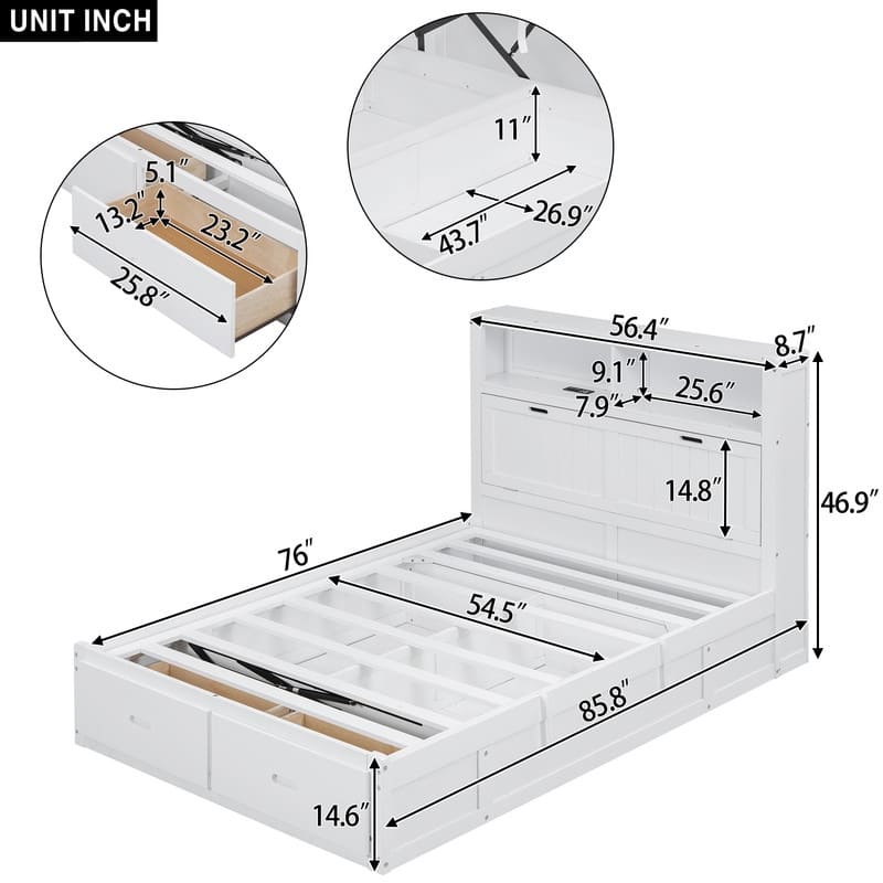 Full Size Wood Platform Bed with LED Headboard Charging Station 2 Drawers Hydraulic Storage