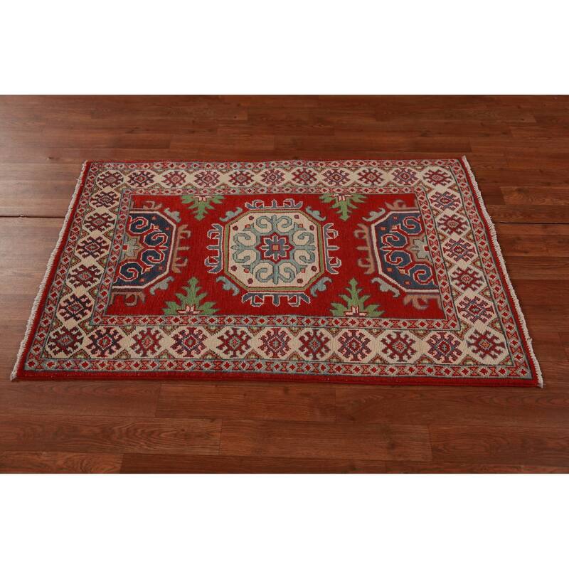 Bedroom Red Kazak Foyer Rug Hand-Knotted Geometric Wool Carpet - 2'8"x 4'0"