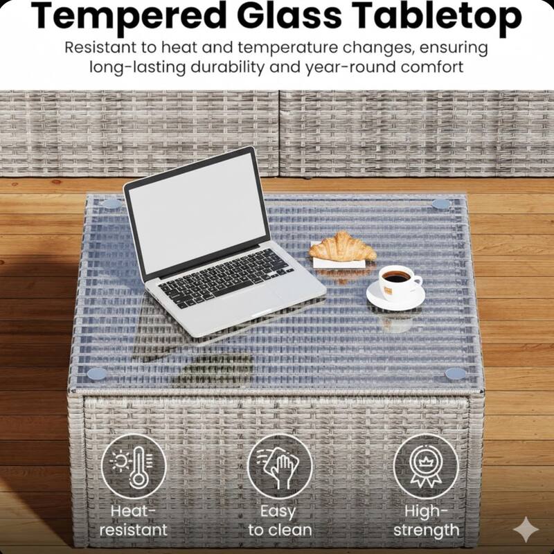 7-Piece Wicker Patio Set with Light Blue Cushions and Glass Coffee Table