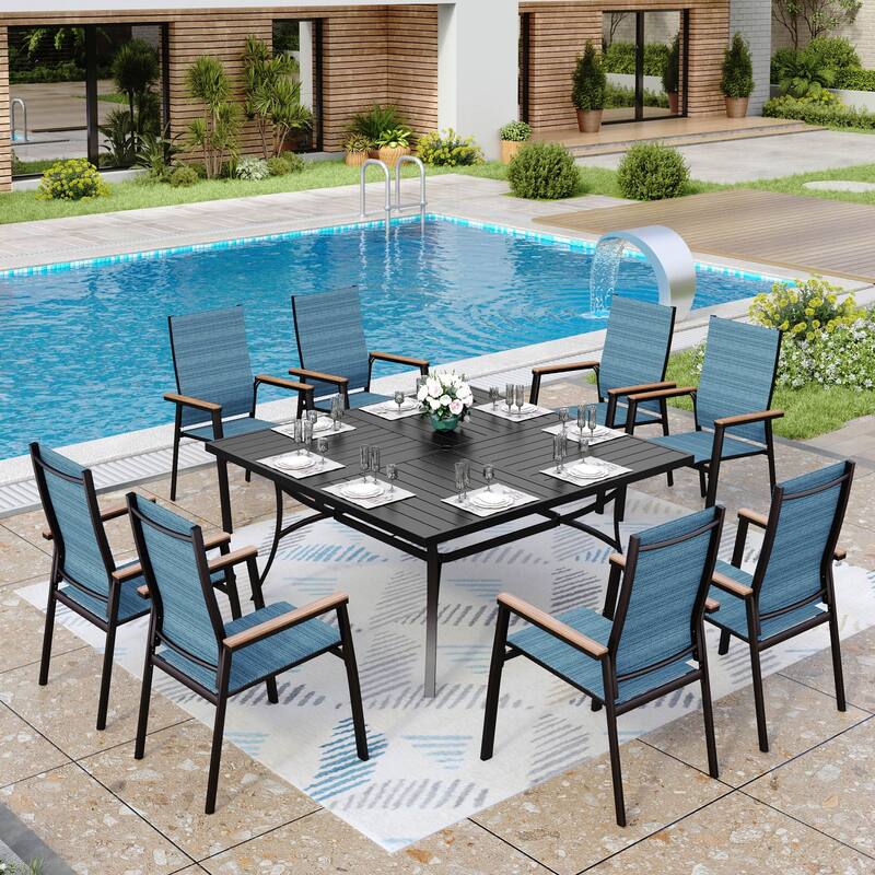 MAISON ARTS 9 Piece Patio Dining Set with 8 Stackable Textilene Chairs and 1 Metal Table - Blue