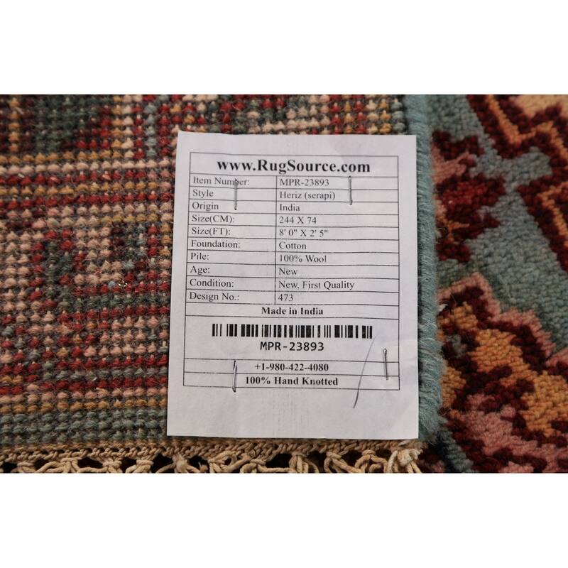 Light Blue Heriz Serapi Indian Runner Rug Hand-Knotted Wool Carpet - 2'5"x 8'0"