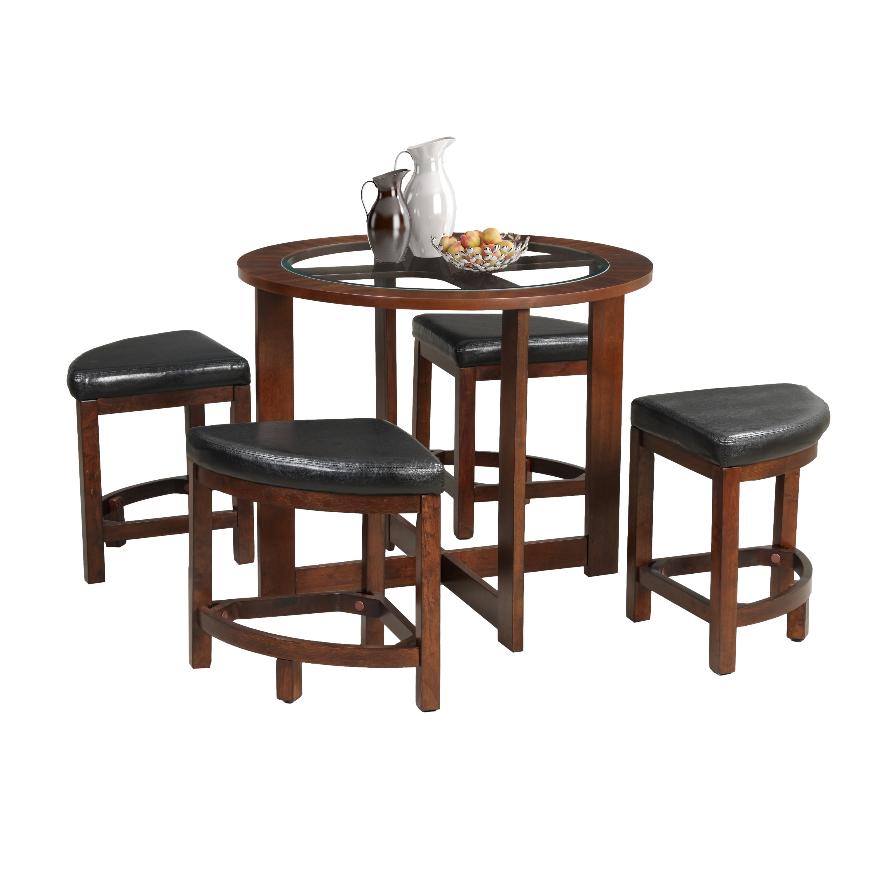 Glass Top Round Dining Table Minimalist Coffee Table & Chairs Set with 4 Backless Padded Seat Chairs