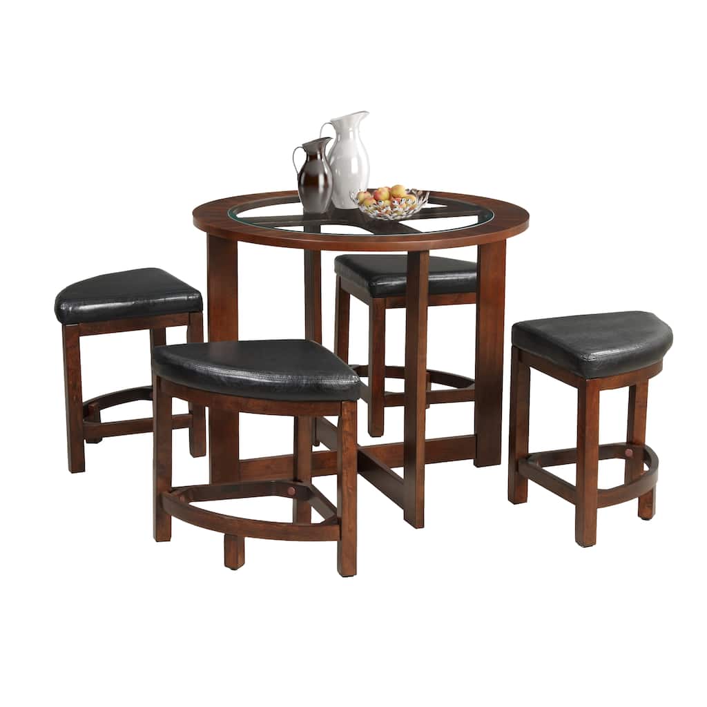 Glass Top Round Dining Table Minimalist Coffee Table & Chairs Set with 4 Backless Padded Seat Chairs