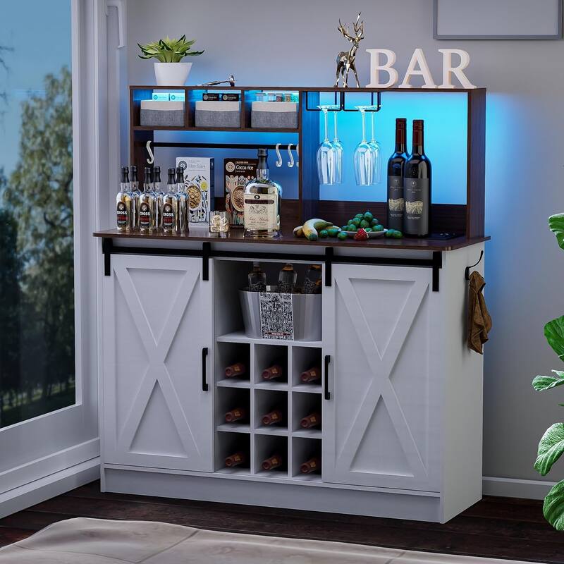 Coffee Bar Cabinet, 47'' Sideboard Buffet Cabinet with 20-color LED Lights and 6.5FT Outlet - White