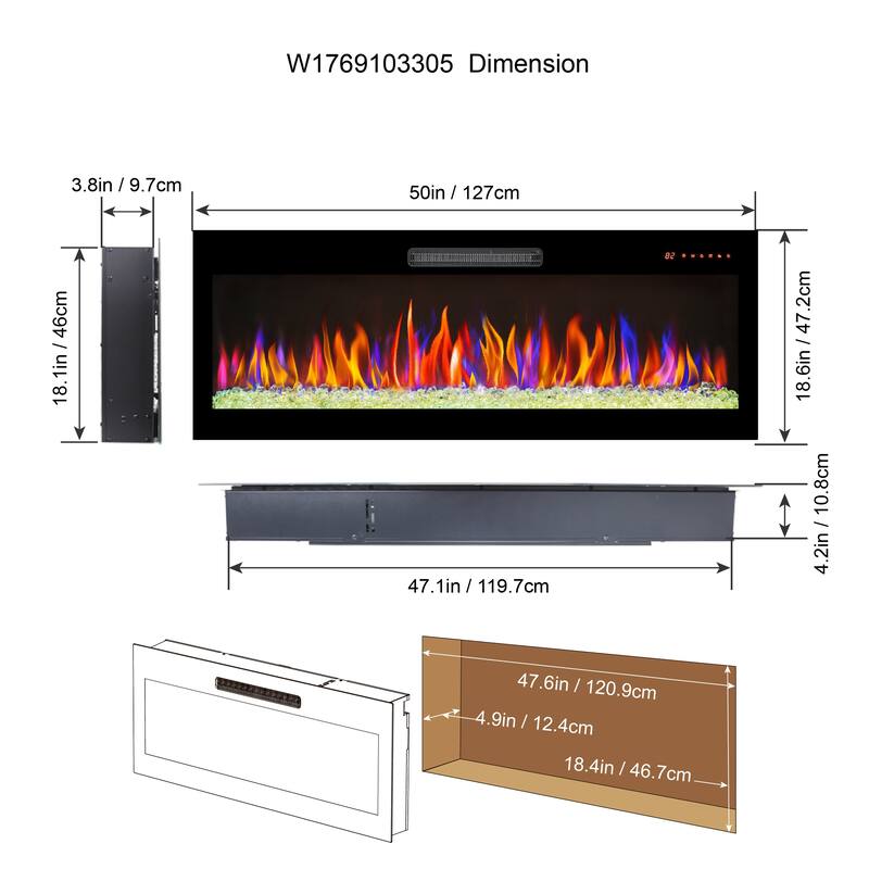 50" Recessed Wall-Mount Electric Fireplace with Remote, Multi-Color Flame & Ember Bed, 5 Brightness Settings, and LED Heater