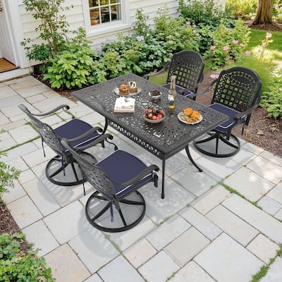 5-Piece Aluminum Rectangular Outdoor Patio Dining Set, 4 Cushioned Swivel Chairs, Table, All-Weather Frames