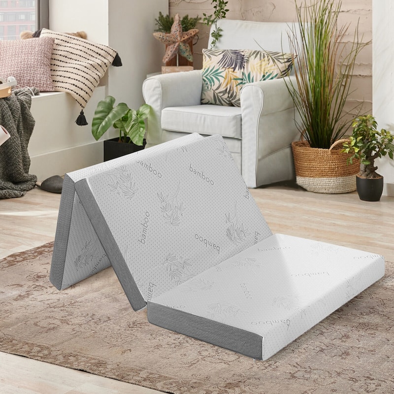 4-Inch White Grey Tri-Fold Design Memory Foam Mattress with Cooling Gel for Home or Travel