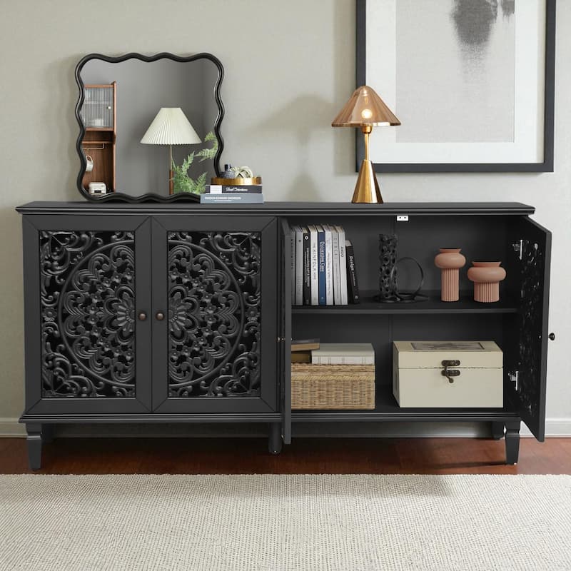 60" Antique Buffet Cabinet with Floral Carvings, Solid Wood Legs, Brass Handles, Adjustable Shelves, Sideboard or TV Stand