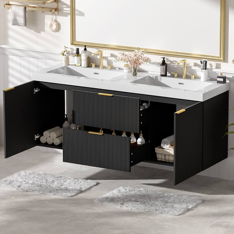 59.3" Double Sink Vanity with SMC Top & Soft-Close Doors, Wall-Mounted Modern Bathroom Storage - Black
