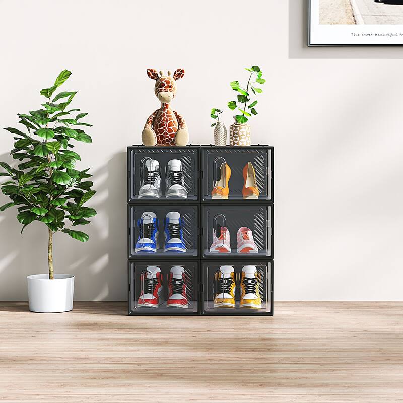 6-Piece Medium Black Plastic Mesh Shoe Box Set - 33x23x14cm, Modular Design for Home Storage - N/A