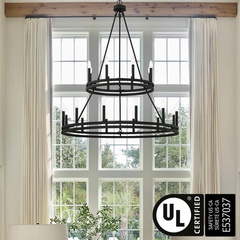 20-light 40In Modern Farmhouse Black Wagon Wheel 2-tier Candle Chandelier - 40 inches