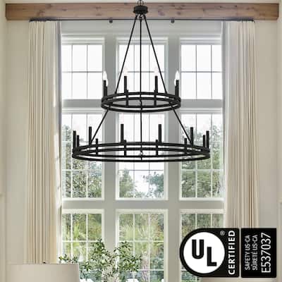 20-light 40In Modern Farmhouse Black Wagon Wheel 2-tier Candle Chandelier - 40 inches