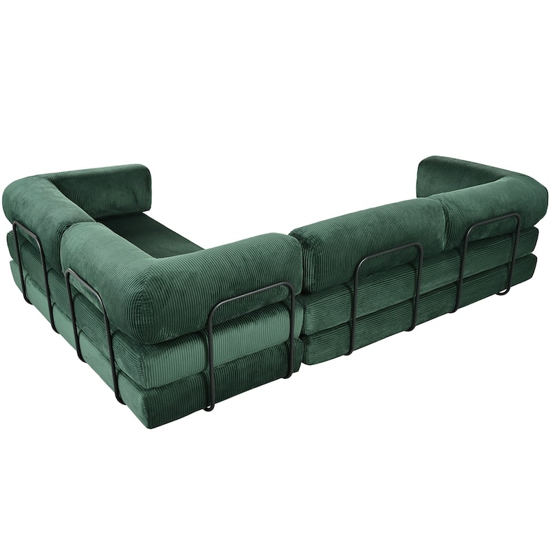 L-Shaped Modular Sofa Bed Corduroy Fabric Sleeper Sectional Couches Floor Chaise Lounge with L-shape Iron Frame Support