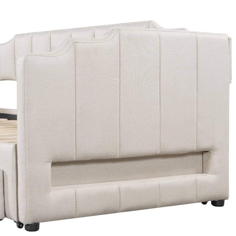 Twin XL to King Size Daybed, Extendable Upholstered Sofa Bed Frame with Two Storage Drawers and LED Light
