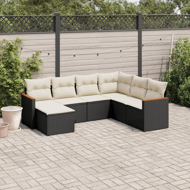vidaXL Patio Sofa Set with Cushions Outdoor Conversation Furniture Poly Rattan - 21.7 x 21.7 x 14.6 in - Black and cream without table