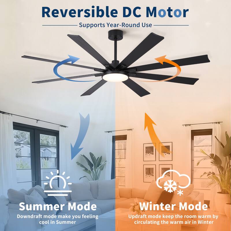 72 Inch Modern Minimalist Ceiling Fan with Light, Solid Wood Blades, Quiet Reversible DC Motor, Remote, 6 Speeds