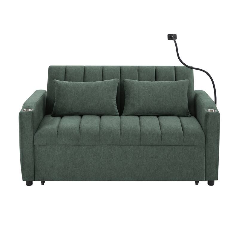 Roomfitters 55 Inch Convertible Sofa Bed Loveseat with 3 USB Ports, 360 Swivel Phone Holder, Green
