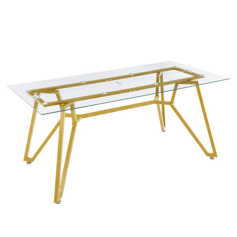 Gold Modern Tempered Glass Dining Table with Metal Legs for Kitchen, Living Room