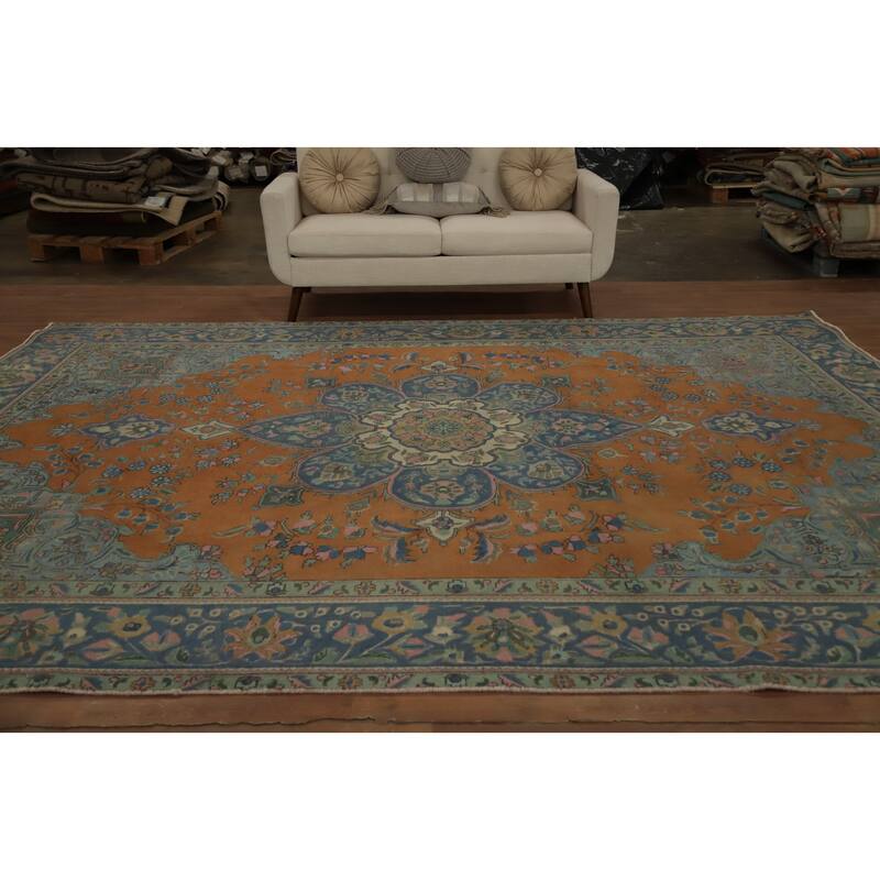 Hand Knotted Oriental 100% Wool Carpet Traditional Floral Oranges & Rust Tabriz Area Rug - 12' 1'' X 9' 1''
