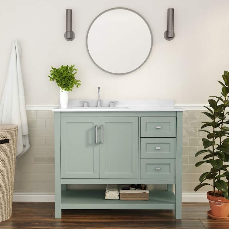 Bathroom Vanity with Sink, Open Storage, and Storage Drawers - 42 Inch - Sage Frame/Nickel Hardware