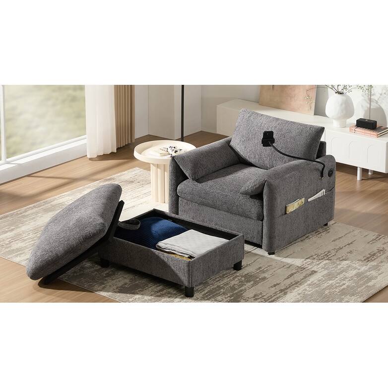 Single Sofa with Storage Ottoman, Lounge Chair with Phone Holder, USB Charger & Side Pockets, Comfy Chenille Reading Armchair