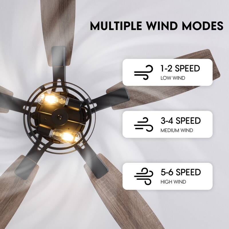 52Inch Farmhouse Black Caged Ceiling Fans With Light Modern Rustic Wood Grain Fandeliers For living room dining room - 52in.