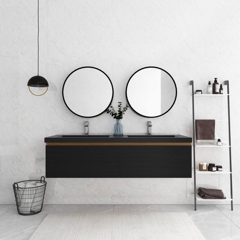 MDF Wall-Mounted Bathroom Vanity Set with Integrated Resin Sink with Drain in Matte Black - 59.06" x 19.69" x 16.14"